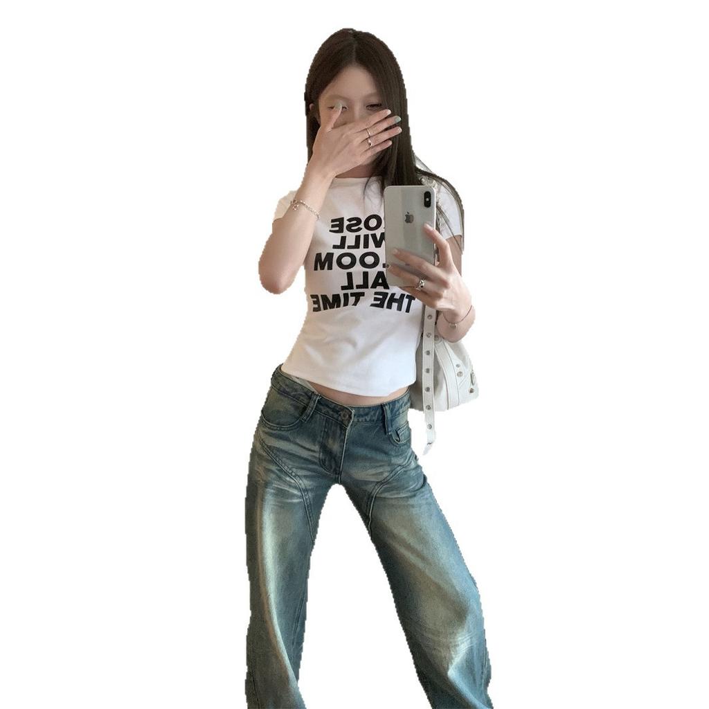 Letter Slim Short Sleeve T-Shirt Women's Spring and Summer New Korean Skinny Black Bottom Shirt