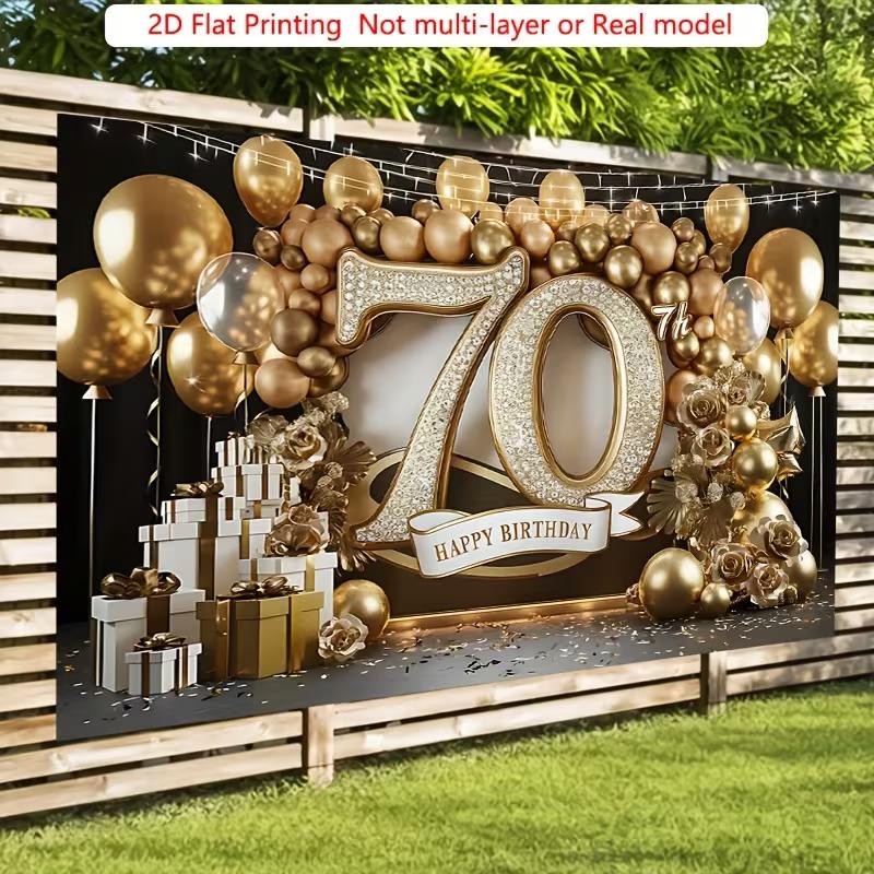 2D Luxury Black Gold 70th Birthday Banner, Shiny Diamond Number Backdrop, Adult Birthday Party Decor