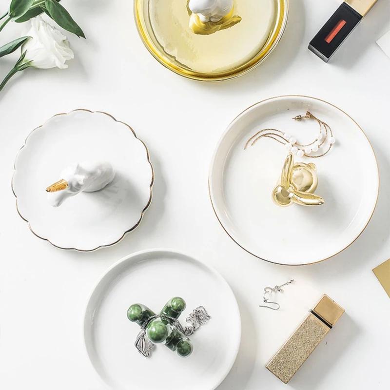 Nordic Ceramic Gold Plating Small Jewelry Dish Earrings Necklace Ring Storage Plates Fruit Dessert Display Bowl Decoration Tray