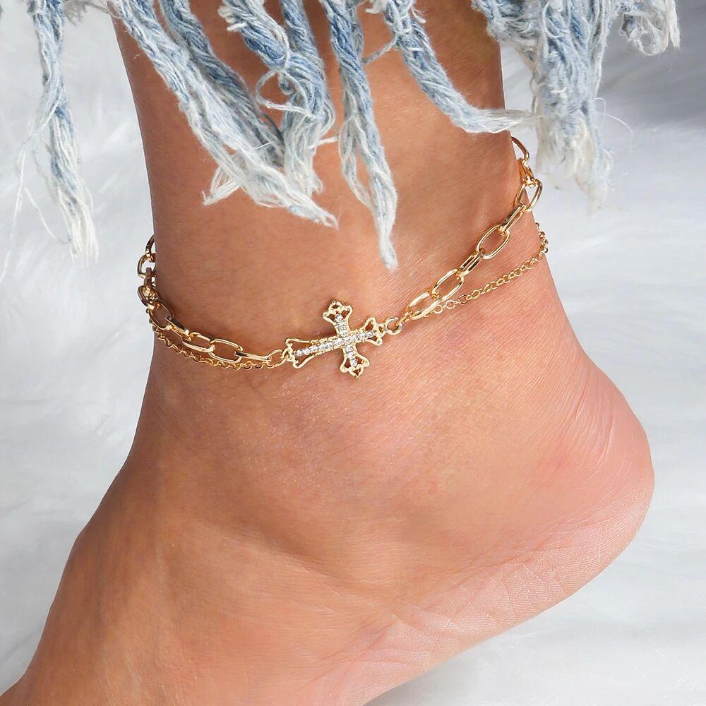 Fashion Gold Silver Color Cross Anklets Crystal Ankle Bracelet Chain Women Girls Party Holiday Jewelry Gift