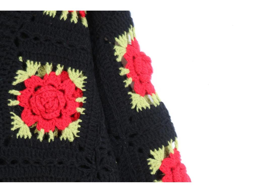 Hand-Crocheted 3D Rose V-Neck Cardigan - Solid Color, Long Sleeve, Openwork Design, Ideal for Spring & Autumn.