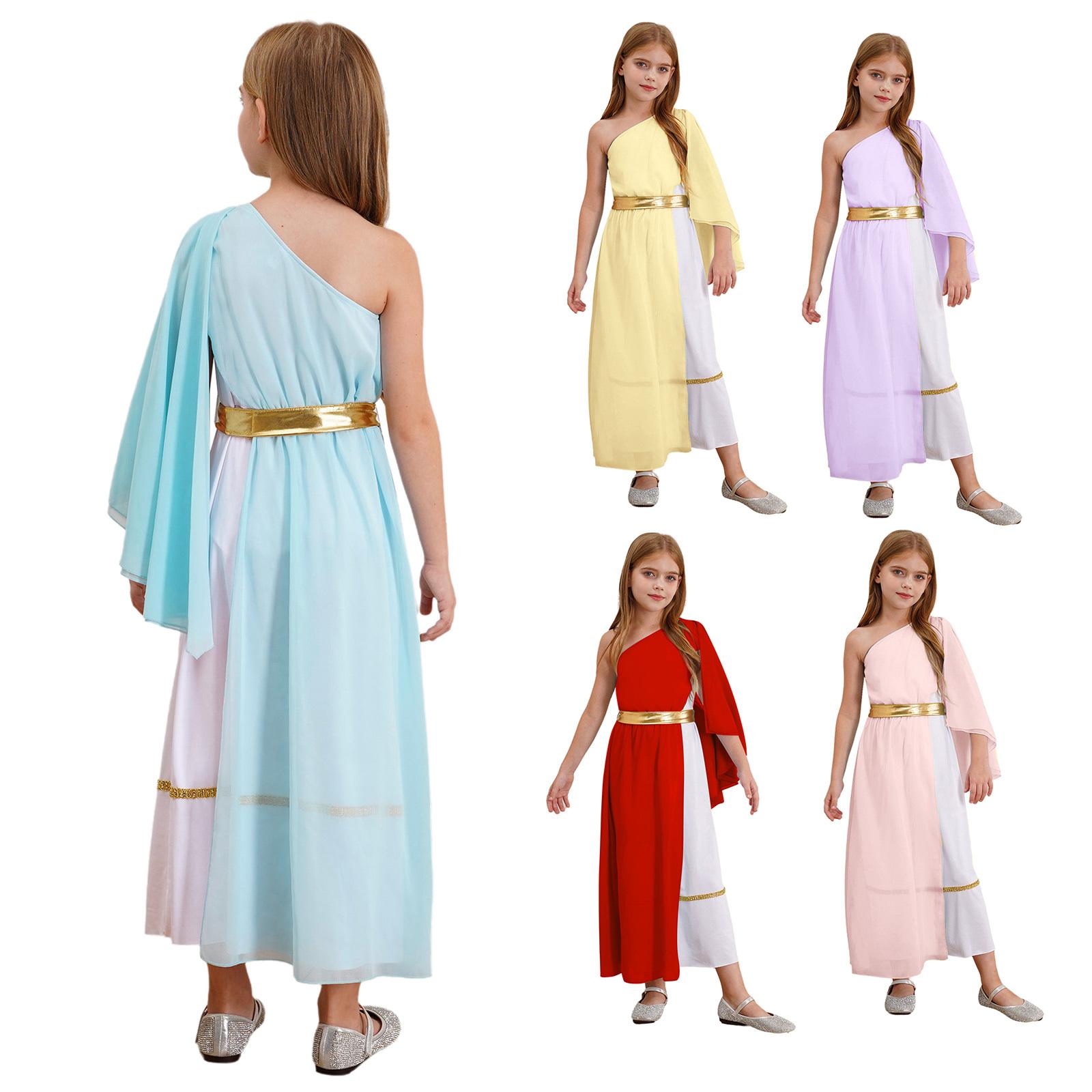 

Kids Girls Halloween Ancient Greek Rome Egypt Toga Cosplay Costume Single Shoulder Tulle Shawl Flowy Rome Dress with Waistband 5-6 Years червоний