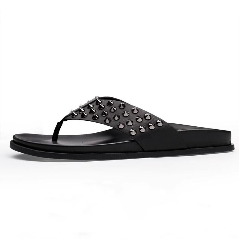 Fashion Men's Rivet Decoration Black Genuine Leather Slipper Shoes Flat Heel Slip On Male Outside Beach Leisure Sandals Shoes