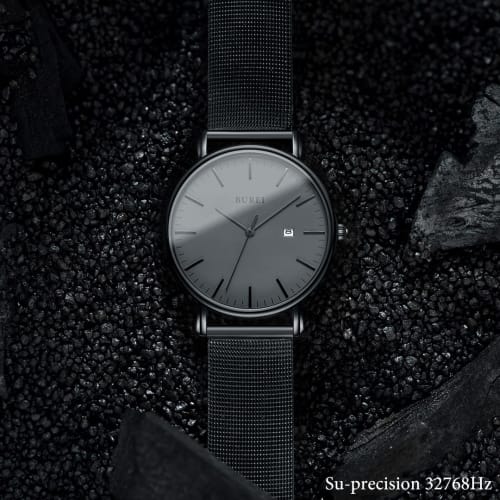 BUREI Men's Watch, Simple, Waterproof, Analog, Popular, Stylish Milanese Design with Mesh Strap, Black/Gray