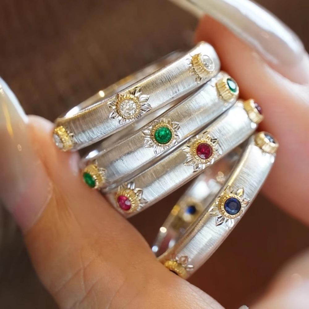 

Vintage Open Ring Italian Engraved Gold Two Tone Handmade with Fake Emerald Ruby Blue Diamond Jewelry