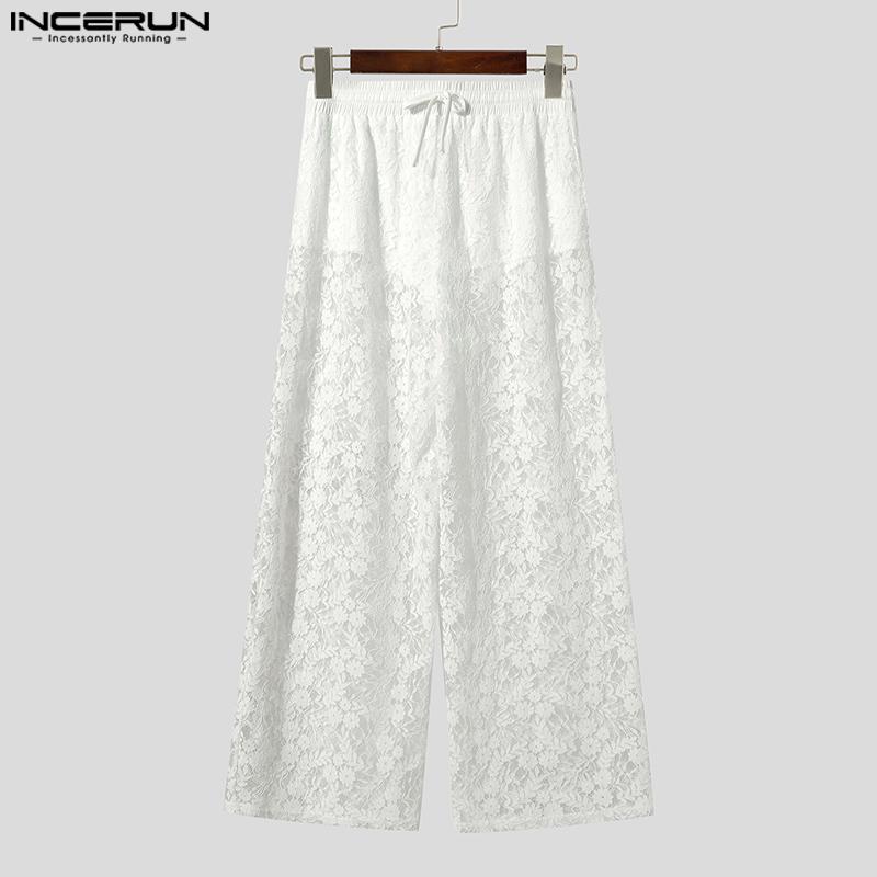 INCERUN Men Drawstring Elastic Waist Lace Patchwork Beach Loose Long Pants