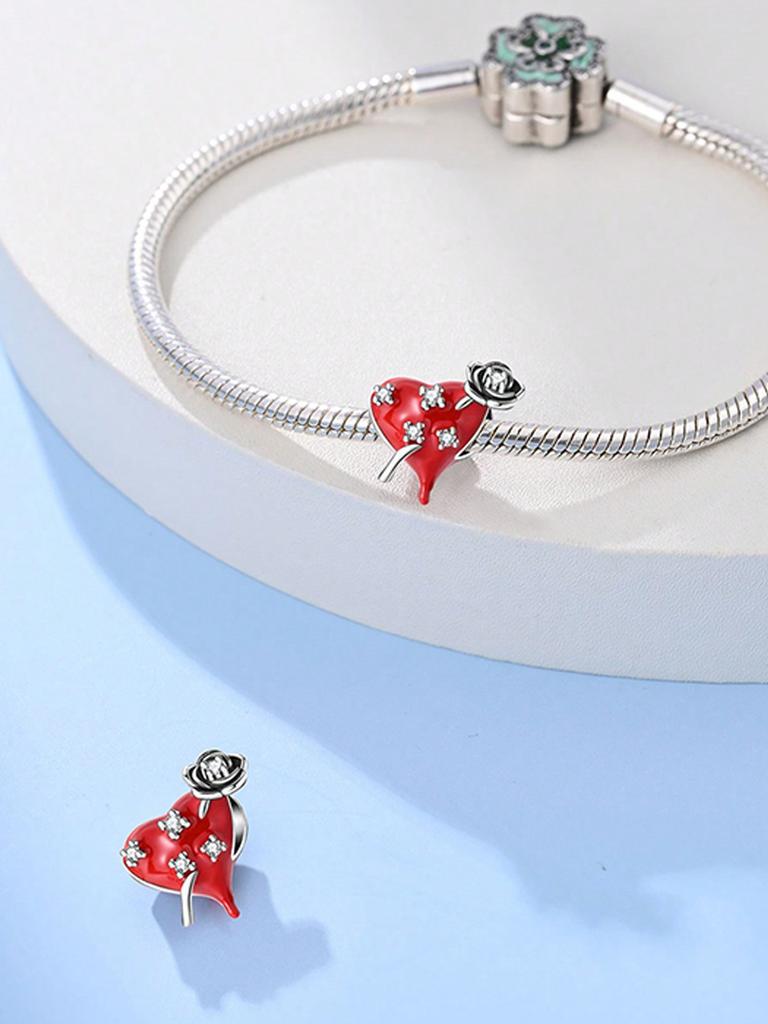 Charms Plata Valentine'S Day Love Red Heart Beads Charm Copper Plated Fit Charms Original Bracelet For Jewelry Making Diy Charm