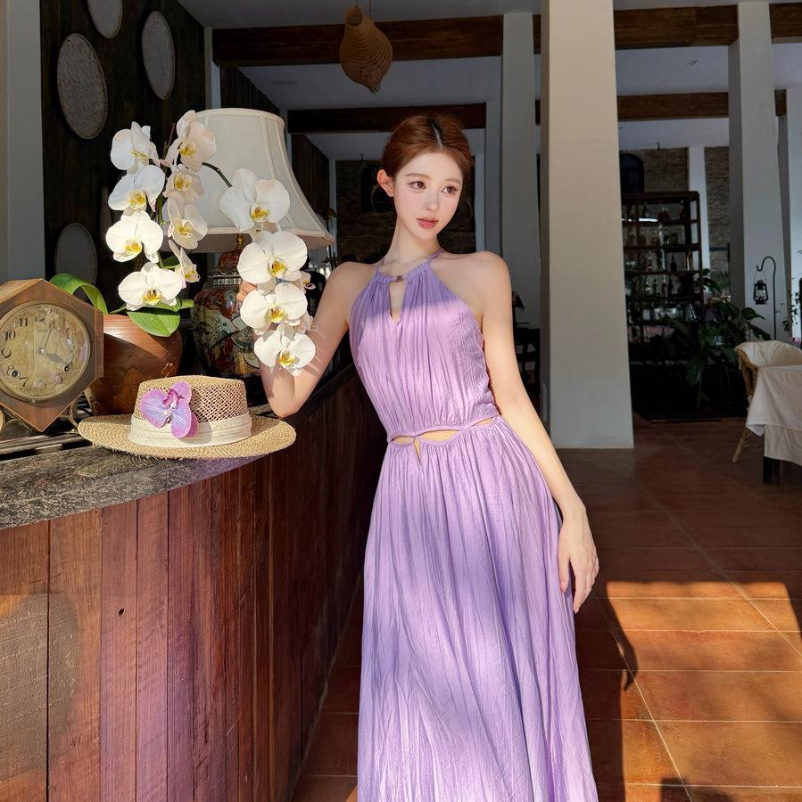 French Gentle Purple Neck Sleeveless Dress Women's Summer Seaside Vacation Design Sense Backless Beautiful Skirt