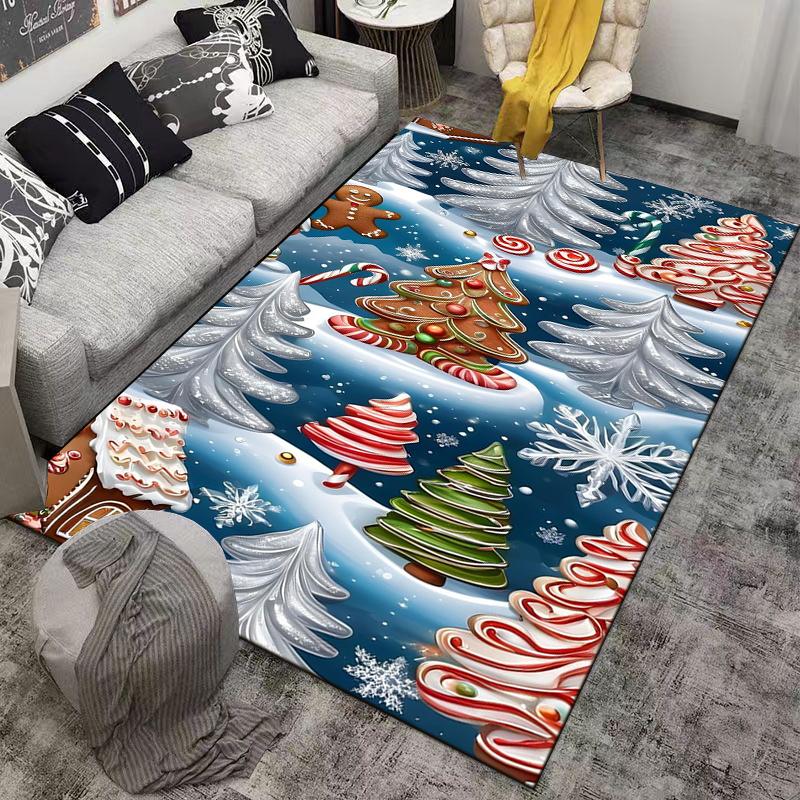 Christmas-themed Carpet with Gingerbread Trees Snowflakes Candy Design Suitable for use as an anti-slip for living room bedroom sofas