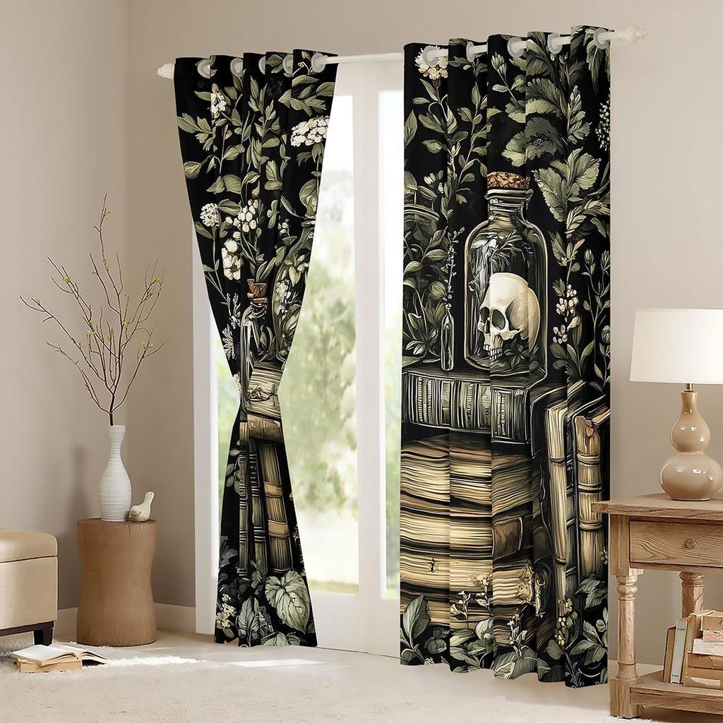 Gothic Skull Botanical Curtains Dark Academia Macabre Print Vintage Floral Drapes Blackout Window Cover for Bedroom Living Room