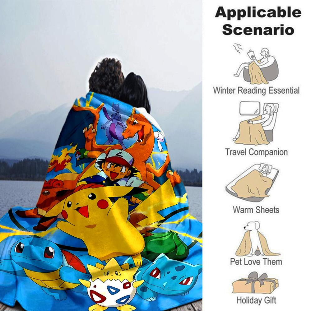 Pikachu Friends Adventure Flannel Blanket Super Soft Warm Cozy Blanket For Sofa Bed Office Travel Allseason Home Decor Gift