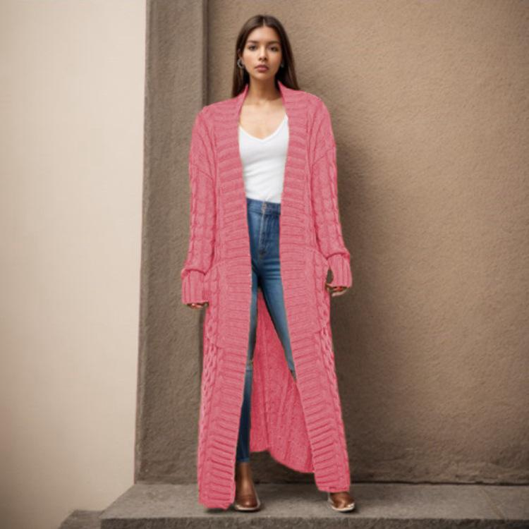 New Loose Knitted Cardigan with Pockets, Long Twisted Sweater and Thick Coat for Women In Autumn and Winter