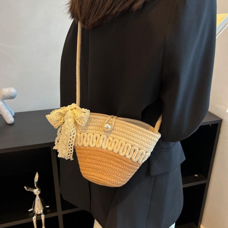 Summer Mini Braided Rope Bag Women's New Personalized Vegetable Basket Shoulder Messenger Bag Beach Vacation Bucket Bag
