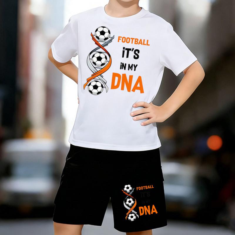 

Boys 2 Piece Football-themed printed Outfit, Short Sleeve T-Shirt and Shorts Set for Kids Age 5-14, Black and White Sporty Casual Summer Clothes 13-14 Years