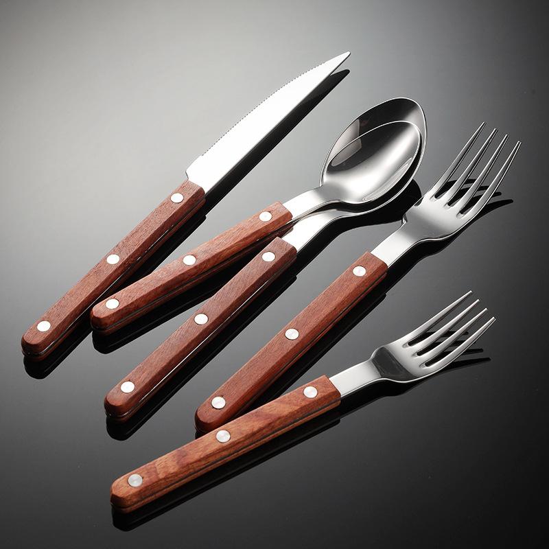 Stal nierdzewna 420 zachodni uchwyt na nity do jedzenia nóż widelec łyżka włoskie drewno różane 5 głównych sztuk prezent posiłek
