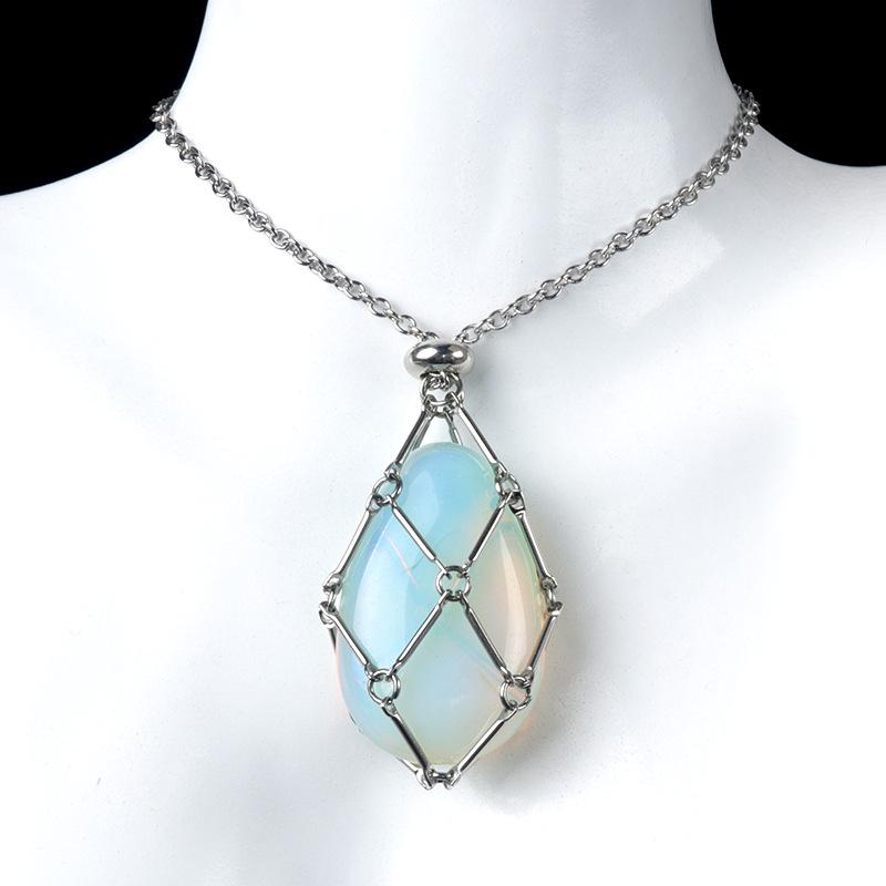 Collana con Catena Intrecciata Fatta a Mano in Acciaio Inossidabile 1720 con Ciondolo in Pietra di Agata Cristallo