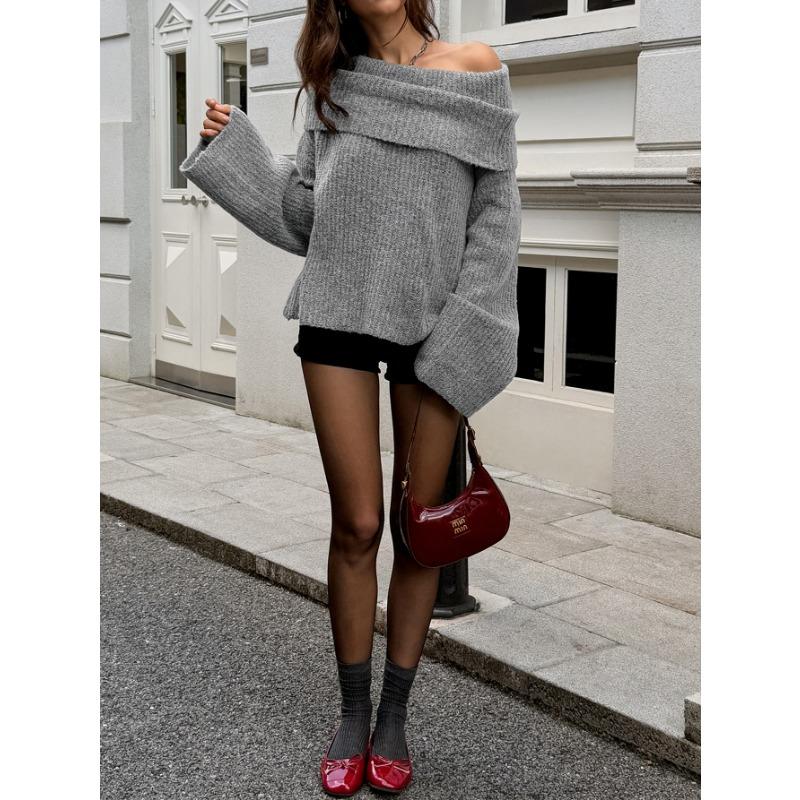 Podzim Zima Jednoslovný Límec Jednobarevný Pulovr Svetr Ženy Volný Ležérní Módní Vše-ladící Spodní Pletený Top