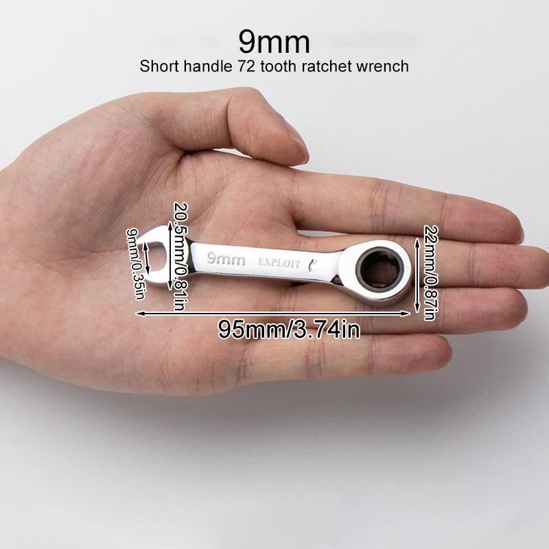 1Pc Metric Open End Wrench with Tight Spaces Gear Repair Hand Tools Steel Stubby Ratcheting Wrench Spanners 72-Tooth Car Repair