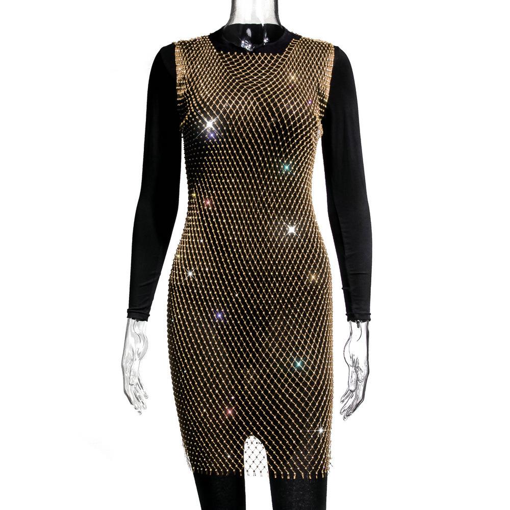 Black Rhinestone Fishnet Sheer Bodycon Mini Dress
