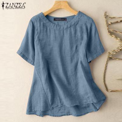 Women Casual O-neck Short Sleeve Loose Cotton Blouse Tops