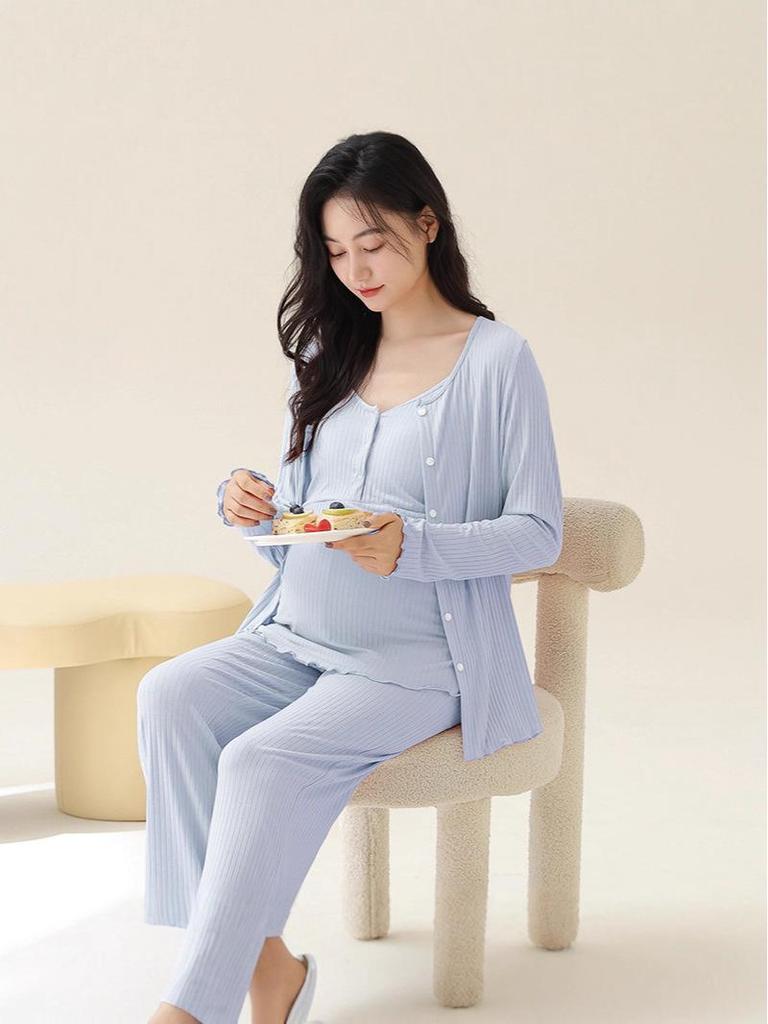 Modal Maternity Pajamas: 3-Piece Autumn Set with Breast Pads, Postpartum Nursing, Belly Comfort, Summer Wear.