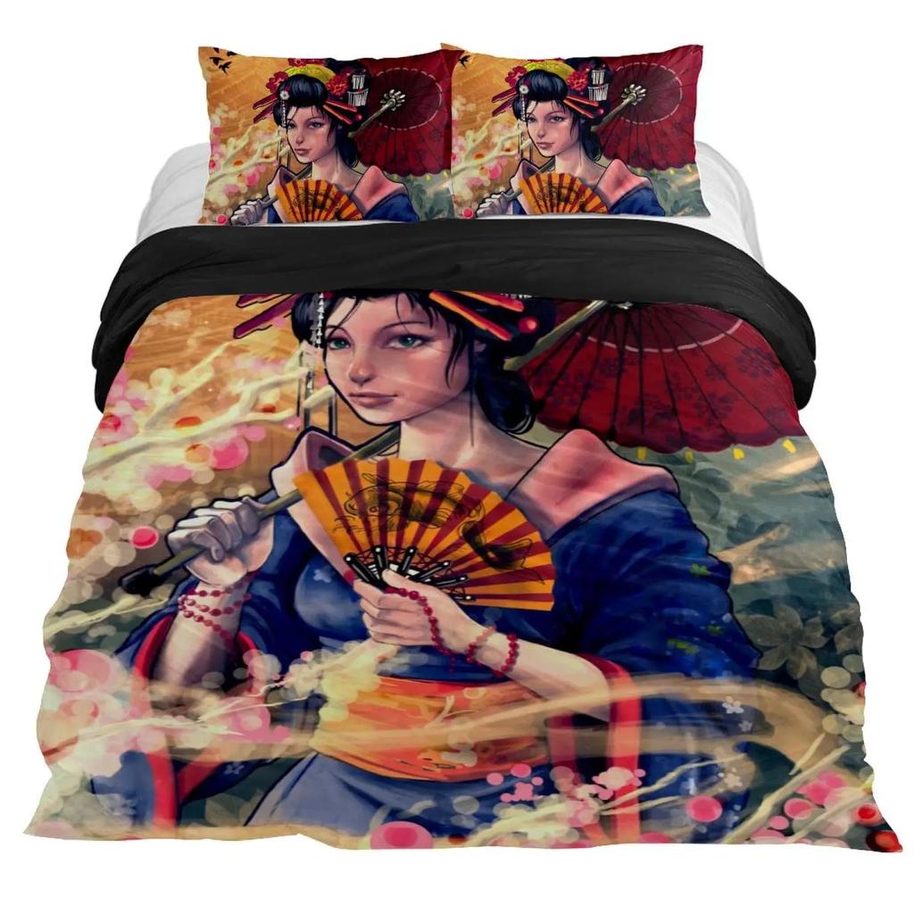 Japanese Geisha King Queen Duvet Cover Red Woman Bedding Set For Kids Teens Adults Koi Fish Eastern Culture 2/3Pcs Quilt Cover