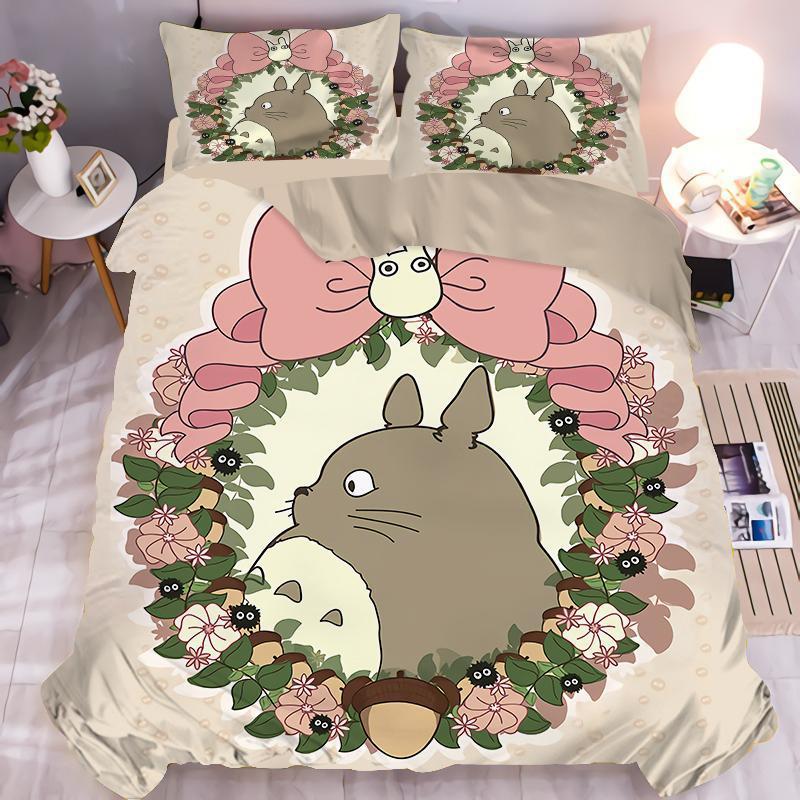 Squisito Set Biancheria da Letto con Stampa Cartone Animato Copripiumino Il Mio Vicino Totoro Set Biancheria da Letto Piumone Letto Giovani Decorazioni per la Casa Bambini Ragazzi Ragazze