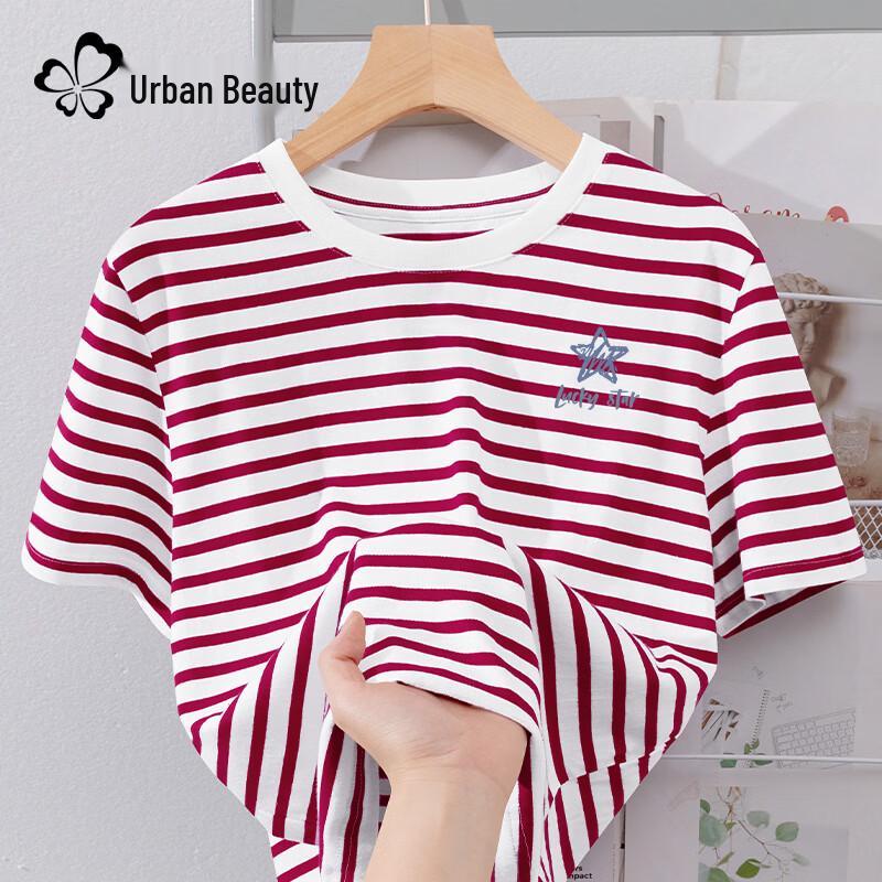 Urban Beauty 2026 Summer Pure Cotton Striped T-Shirt L