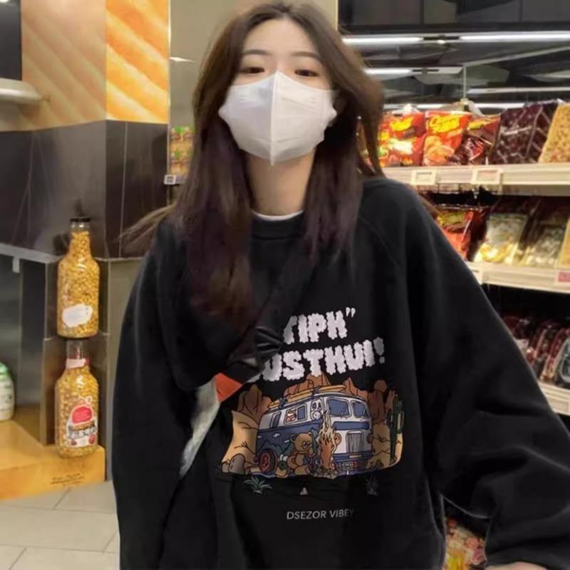 

Spring Autumn Round Neck Printing Sweatshirt Women Vintage Loose Casual Street Style All-match Pullover Top M чёрный