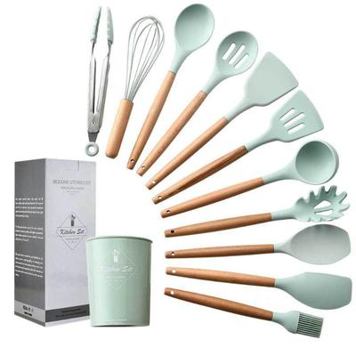 12-teiliges Set Küchenutensilien aus Silikon mit Holzgriff und Aufbewahrungseimer, hochtemperaturbeständig und antihaftbeschichtet, Topfspatel, Löffel