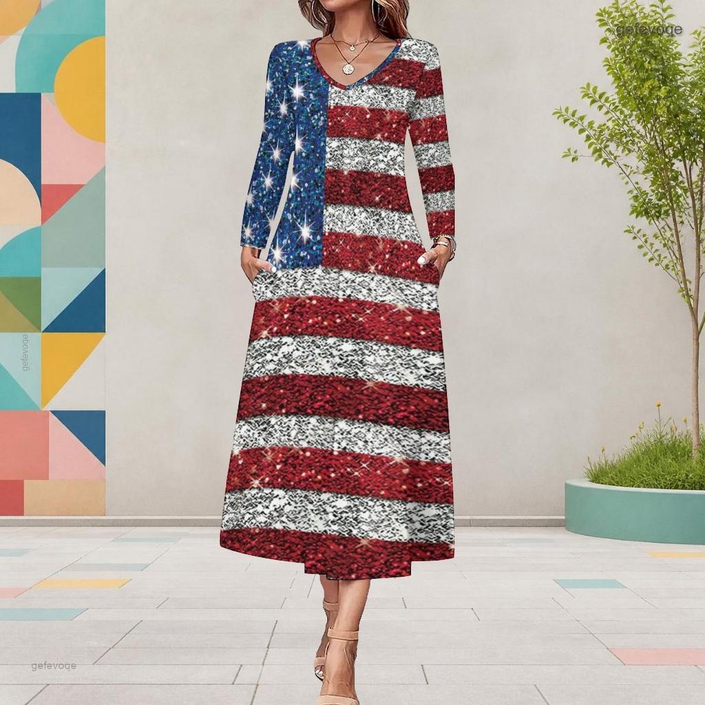 Women Plus Size V Neck Long Sleeve Colorful Printed A Line Midi Dress With Pockets