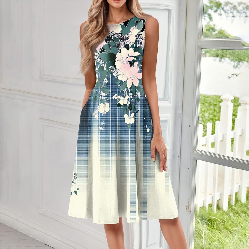 Damska codzienna sukienka midi bez rękawów z okrągłym dekoltem i kwiatowym nadrukiem