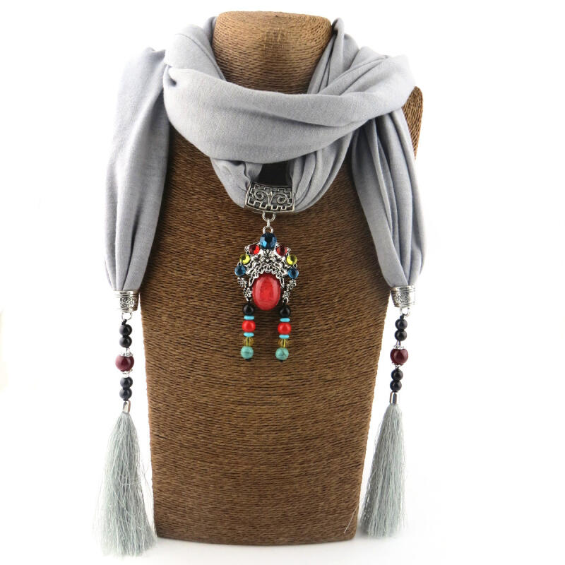 Boho Multi-Gem Pendant Scarf with Tassels, Women's 2-in-1 Fabric Scarf Necklace Accessory