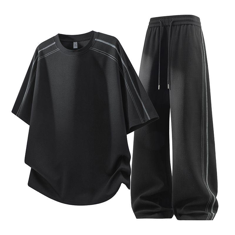 Men s Gray Short-Sleeve T-Shirt Set: Rebellious, Handsome, High-End Summer Casual Sportswear. Extra Large чёрный