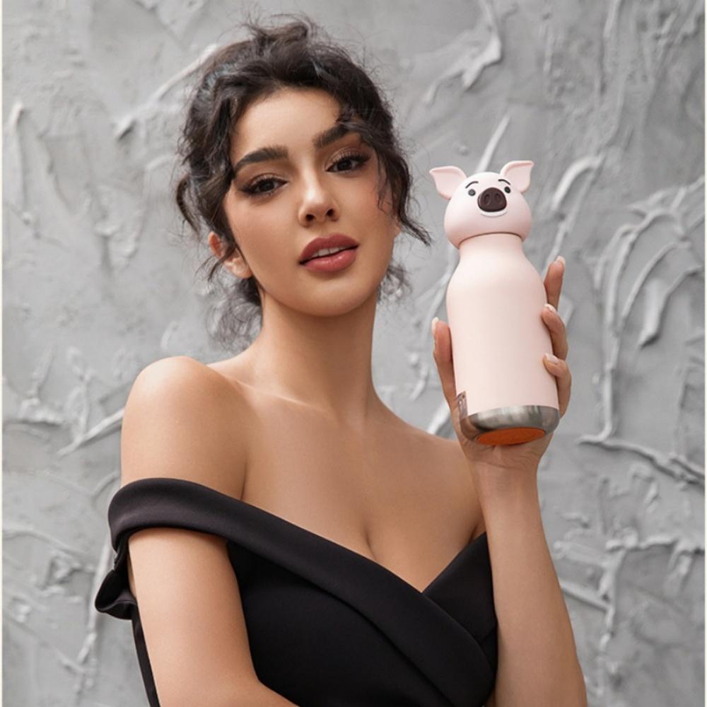 Insulated Stainless Steel Water Bottle with Detachable Soft Animal Head Fun Drinking For Kids with Flexible Reusable Straw (Pig)