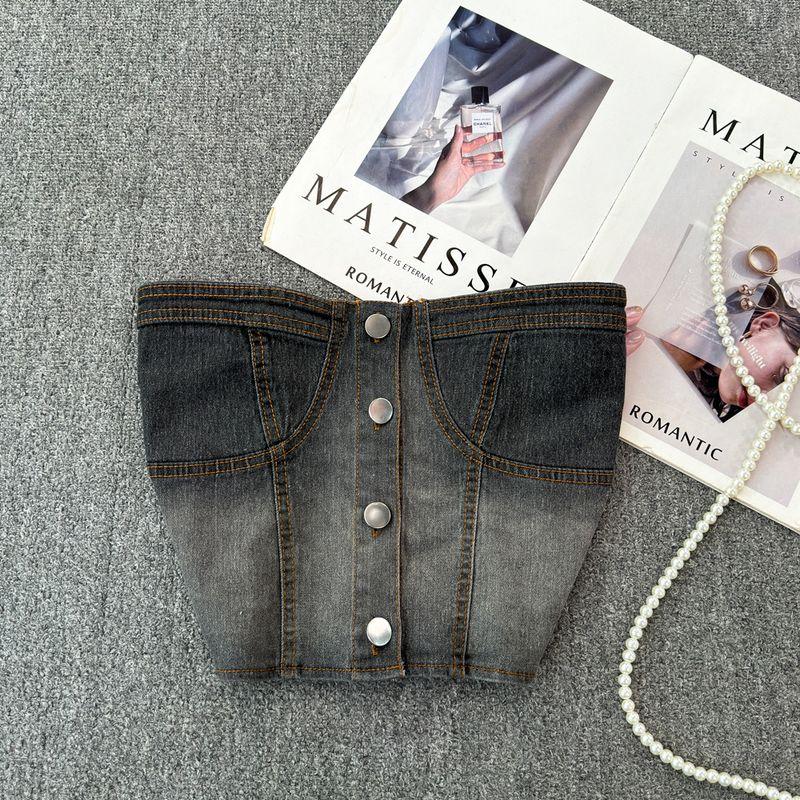 

Американский стиль короткий жилет джинсовая майка женская сексуальная летняя верхняя одежда короткая красивая спина милый и пикантный стиль с открытыми плечами топ-труба топы Retro Blue One size