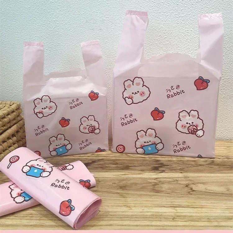 Handheld Plastic Bag Pink Cartoon Rabbit Pattern Shopping Mall Shopping Packing Bag Food Dessert Biscuit Packing Handle Bags