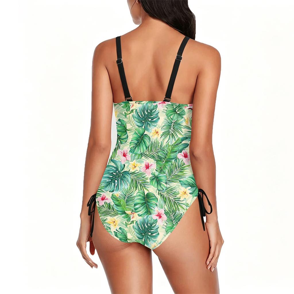 Swimsuit for Women Tropical Floral Print Bathing Suit with Adjustable Side Drawstring Scoop Neck Swimwear