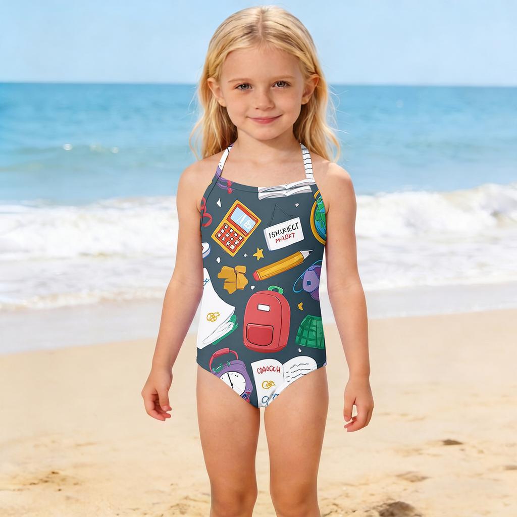 Girls One Piece Swimsuit Kids School Supplies Print Adjustable Straps Summer Beach Swimwear Bathing Suit for Toddlers and Children