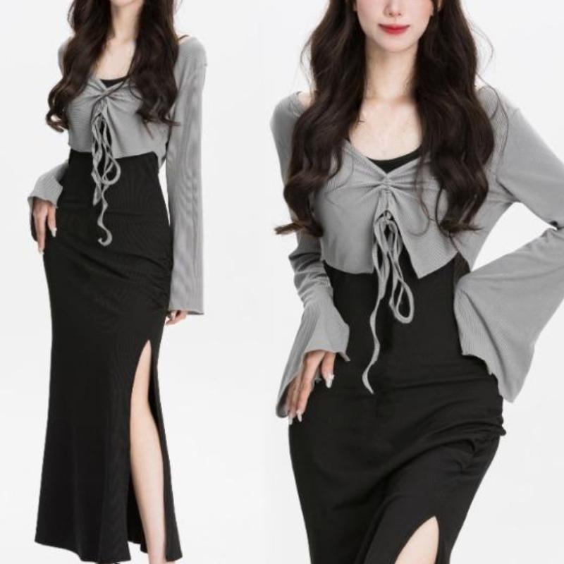 2026 Summer Sexy Retro Casual 2 Piece Dress Set Even Party Women Pure Color Cardigan + Black Midi Dress Korean Fashion Suits