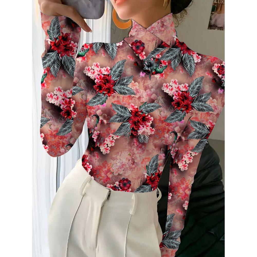 Women's cheongsam collar long-sleeved T-shirt, regular version, three-dimensional red flower design, spring and autumn collection
