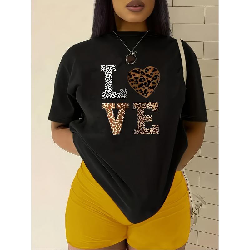 

European sizes Women s Casual Love & Leopard Heart Print T-Shirt - Short Sleeve Round Neck Blouse Top, Medium-Stretch Opaque Fabric Suitable 4XL