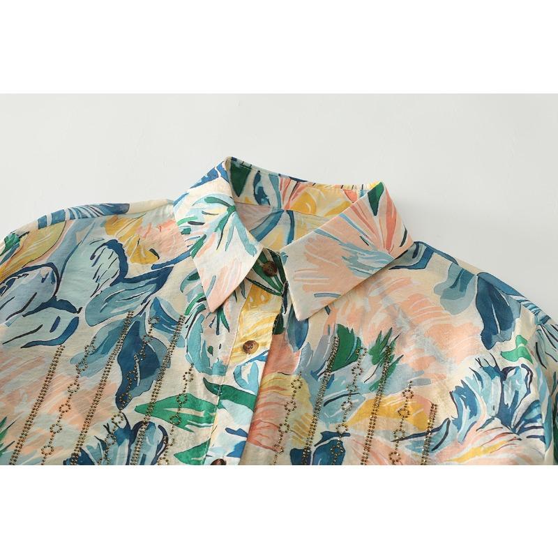 DIMANAF 2026 Neues Sommer Damen Übergröße Oberteile Hemden Lässig Locker Bluse T-Shirts Druck Blumenmuster Langarm Knopf