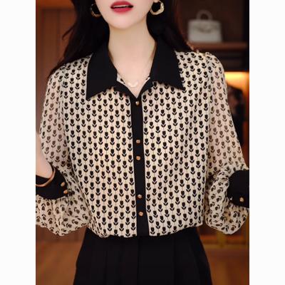Temperament Lapel Floral Shirt Spring New Fashion Aversatile Long-sleeved Patchwork Shirt Women To Reduce Age and Look Slimmer