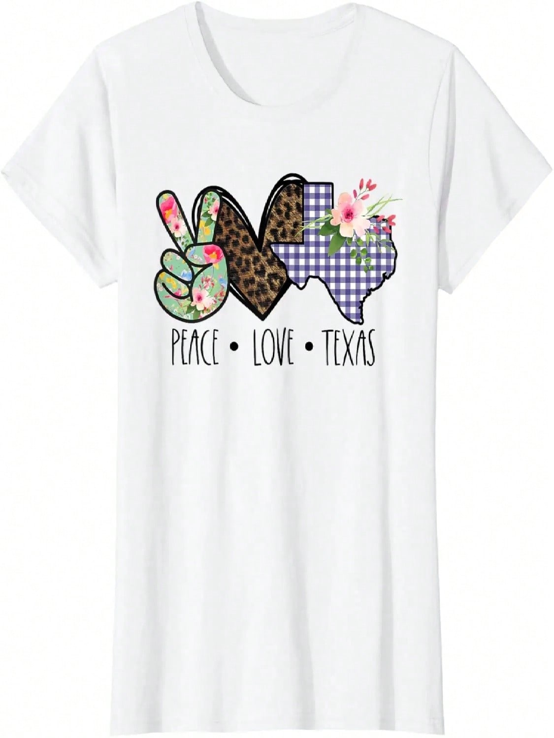 Peace Love Texas Leopard Heart Print Gingham Check Floral T-Shirt S