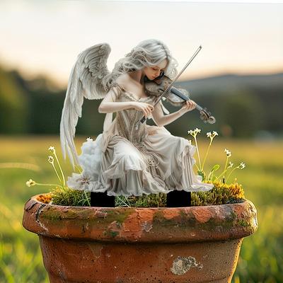 White Angel Playing Violin Acrylic Garden Pile Flower Pot Lawn Farm Decorative Placement