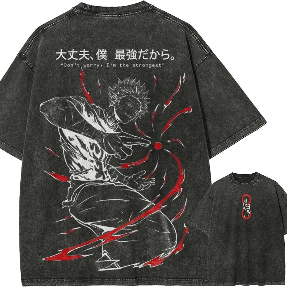 Jujutsu Kaisen Сатору Годжо «Я сильнейший» Винтажная стираная оверсайз черная футболка | Уличная футболка унисекс для фанатов сёнэн-аниме L