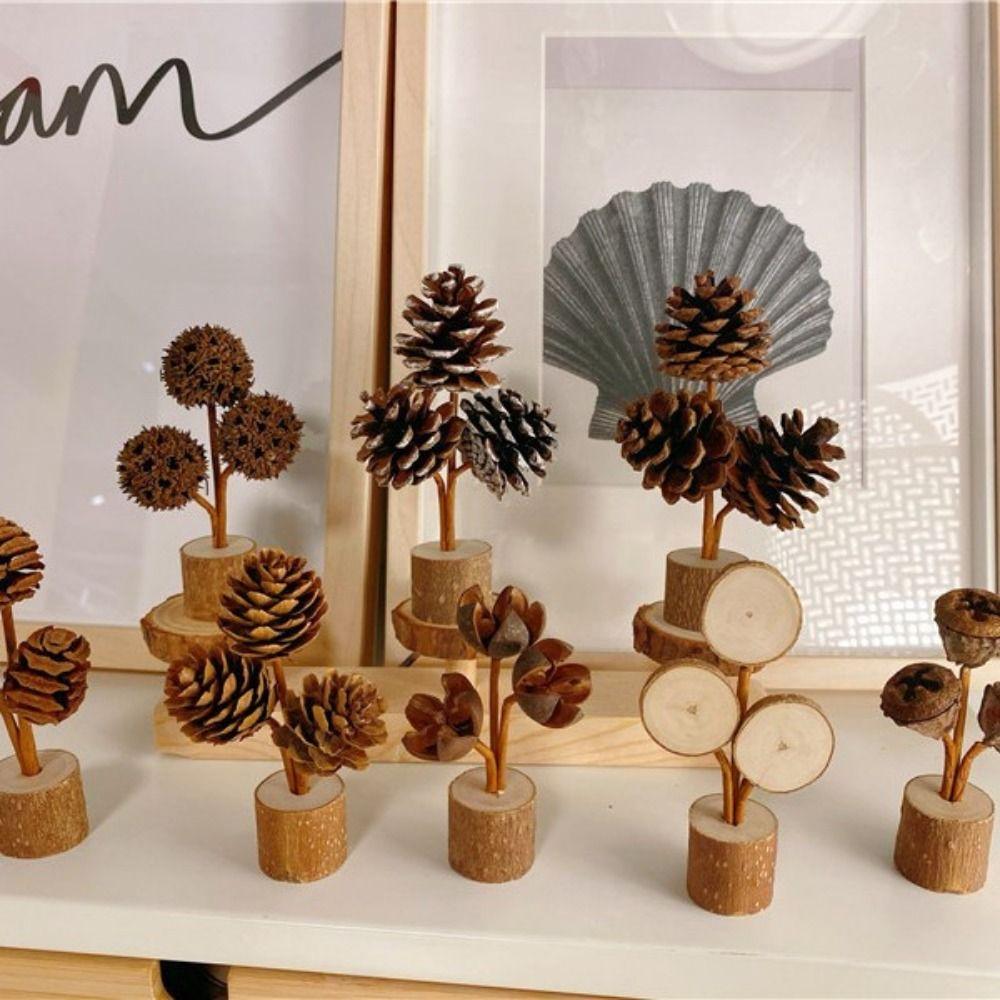 Handcrafted Tabletop Pine Cone Ornament Wood Base Forest-themed Decoration  Festive