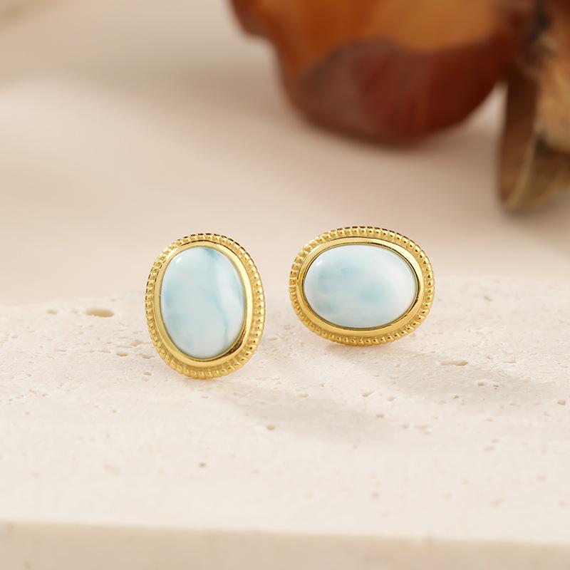 

Natural sea pattern stone sterling silver stud earrings s925 oval egg surface French retro temperament premium earrings women 925 silver