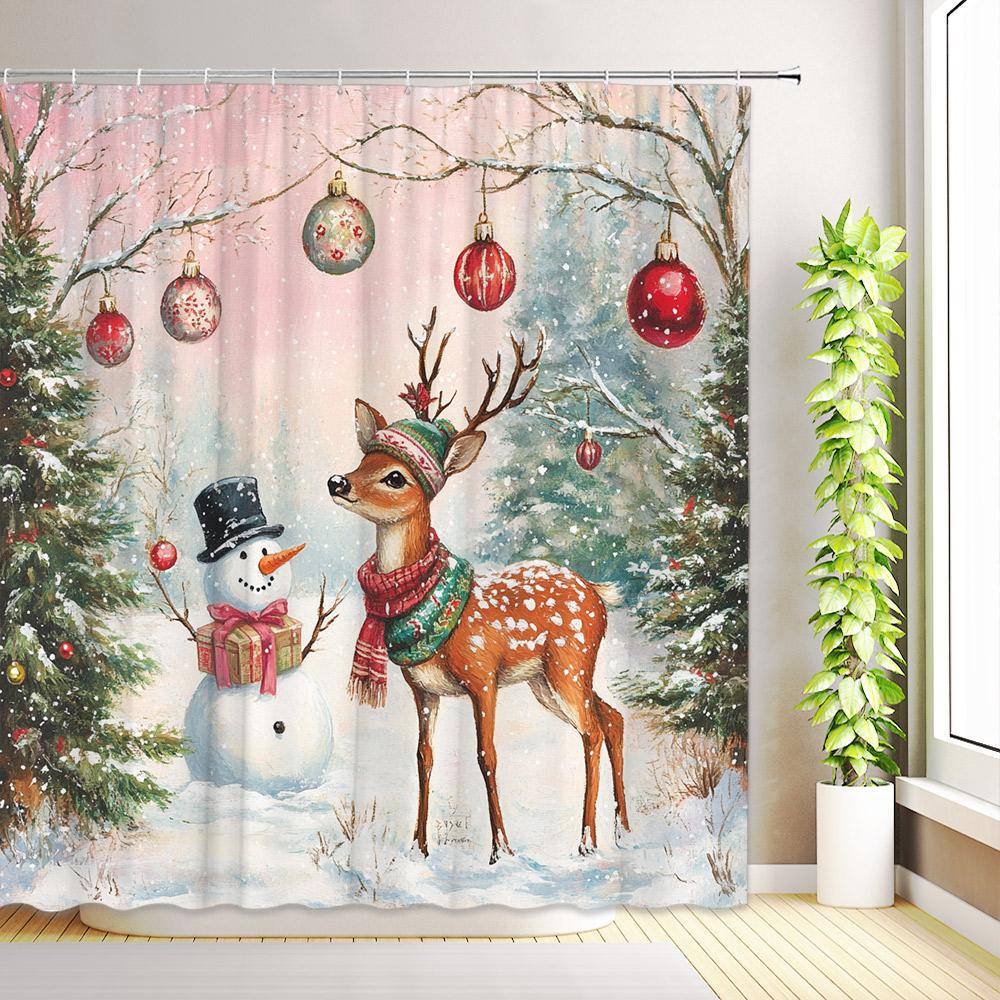 Christmas Cute Snowman Shower Curtain Birds Winter Snowflake Forest Snow Scenery Cedar Reindeer Xmas Bathroom Decor With Hooks